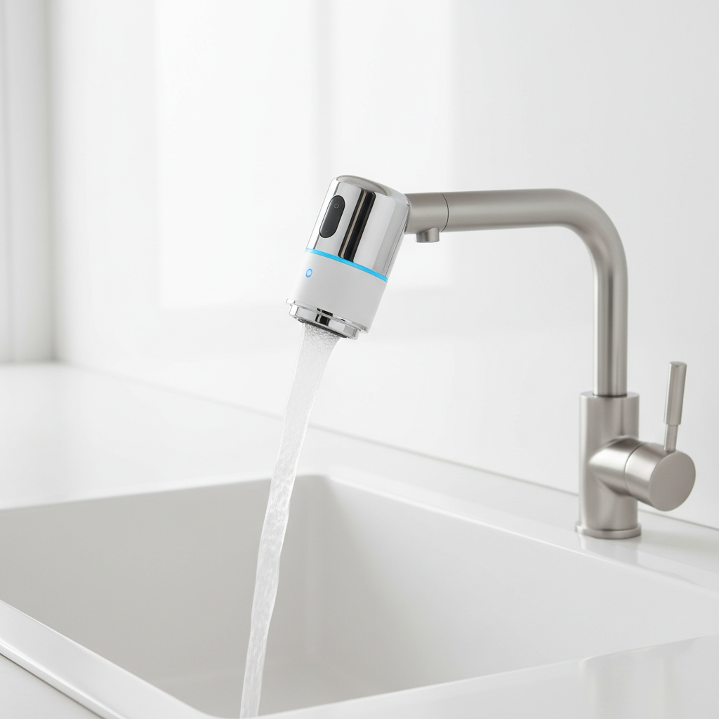 Touchless faucet adapter installed on a kitchen faucet with hands-free water flow